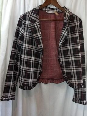 Grace Karin Black White Red Plaid Cropped Blazer Stretch Ruffle Medium Casual